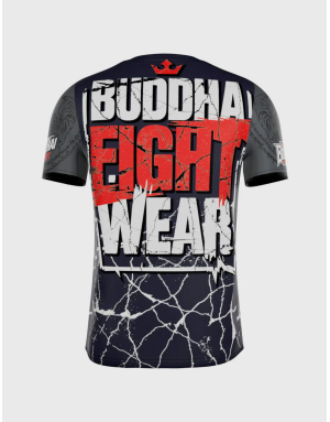 Camiseta Buddha Fighter diseño con la bandera de Tailandia, azul marino con mangas grises y detalles de tigres orientales.