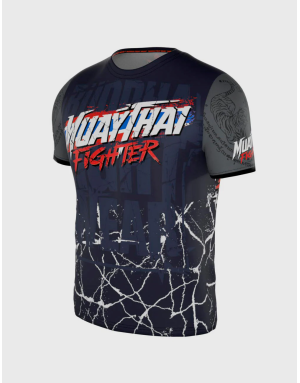 Camiseta Buddha Fighter diseño con la bandera de Tailandia, azul marino con mangas grises y detalles de tigres orientales.