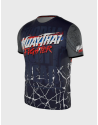 Camiseta Buddha Fighter diseño con la bandera de Tailandia, azul marino con mangas grises y detalles de tigres orientales.