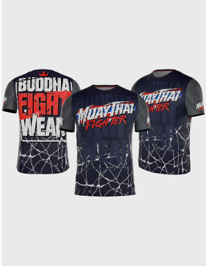 Camiseta Buddha Fighter diseño con la bandera de Tailandia, azul marino con mangas grises y detalles de tigres orientales.
