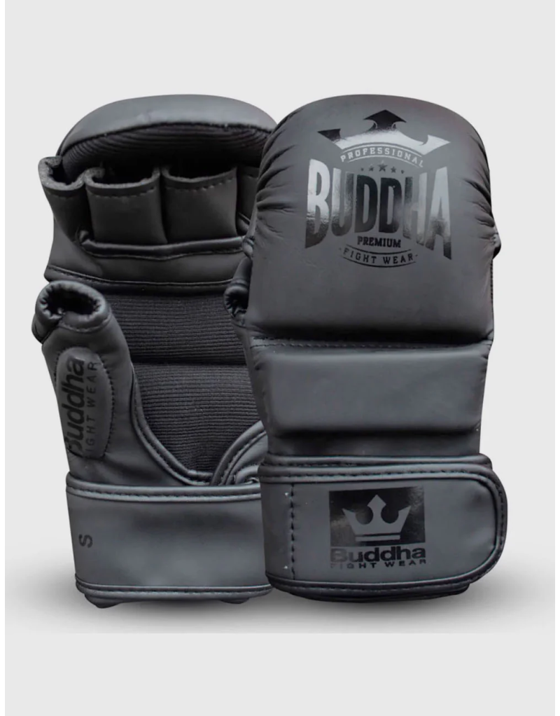 Guantes MMA Buddha Negro Mate. Serie GS-3 con gel, microfibra premium y doble velcro. Perfectos para tu entrenamiento diario.