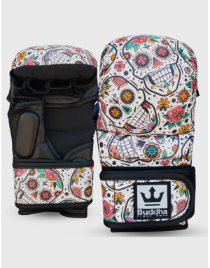 Guantes MMA Buddha Mexican. Diseño old school con calaveras y flores. Perfecto para tus días de entrenamiento.