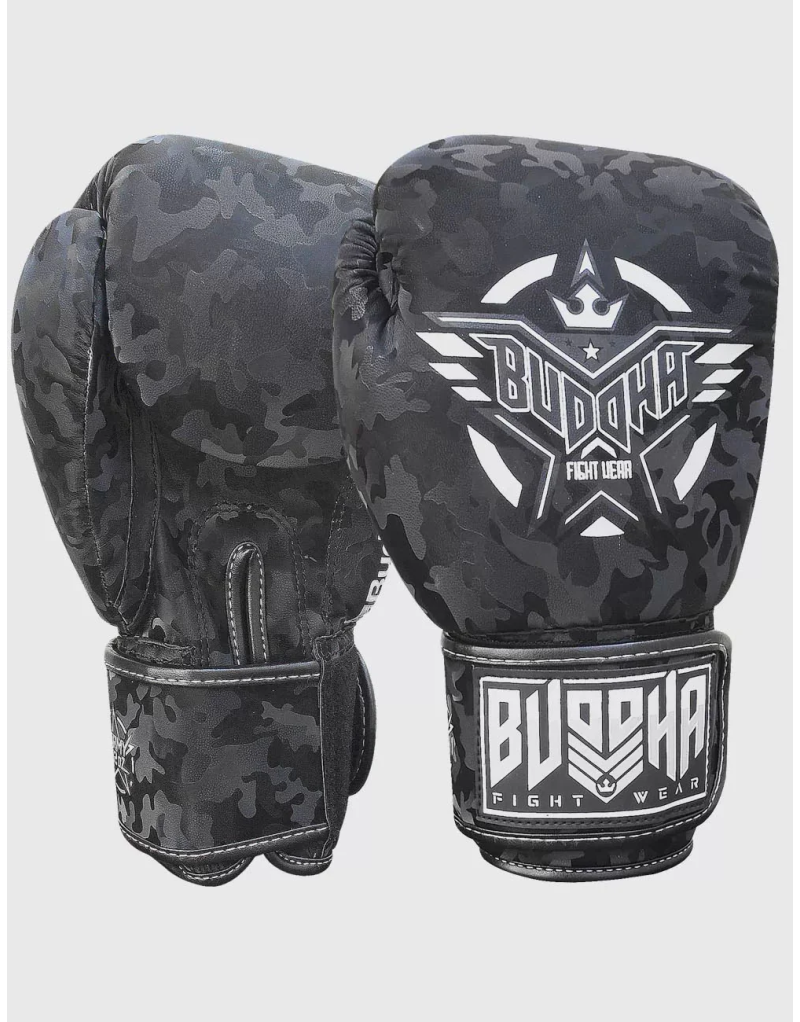 Buddha Army Black. Premium synthetic leather boxing gloves.