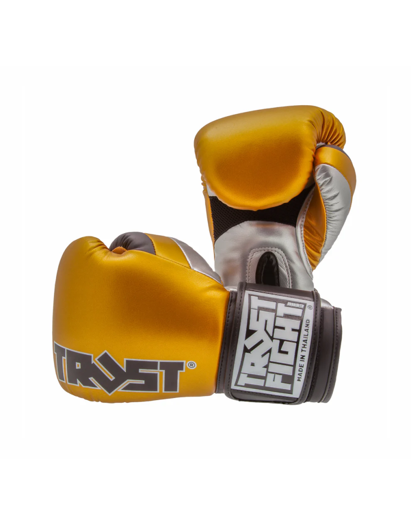 Thai Squire Trust Fight Gloves in metallic gold, silver and black. Handcrafted in Thailand with microfibre.