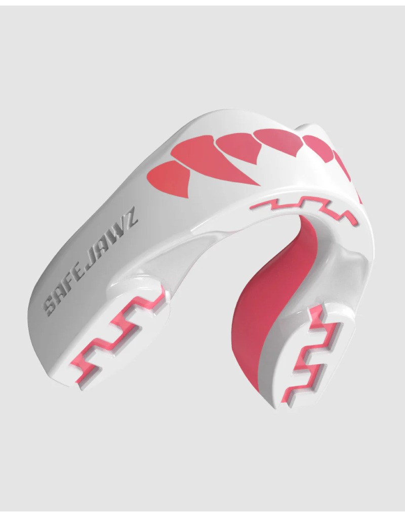 Safejawz Extro Series Pink Fangz mouthguard with pink design featuring shark fangs, maximum comfort and professional protection.