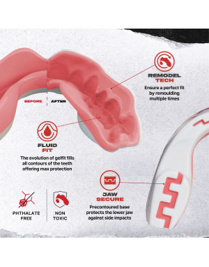 Safejawz Extro Series Pink Fangz mouthguard with pink design featuring shark fangs, maximum comfort and professional protection.