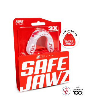 Safejawz Extro Series Pink Fangz mouthguard with pink design featuring shark fangs, maximum comfort and professional protection.